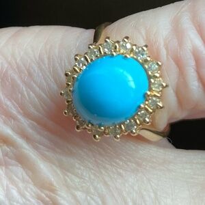 ESTATE 14KT RING TURQUOISE & SOFT YELLOW DIAMOND RING SZ 6 YG ESTATE CUSTOM